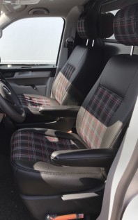 Pasvorm stoelhoezen set (stoel en stoel) Volkswagen Transporter T6 2015 t/m heden - Kunst leer / stof met GTI ruitpatroon