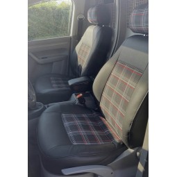Pasvorm stoelhoezen set (stoel en stoel) Volkswagen Caddy 2004 t/m 2015 - Kunst leer / stof met GTI ruitpatroon