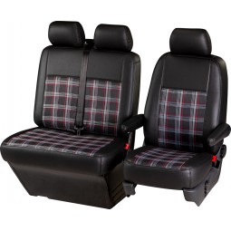 Pasvorm stoelhoezen set (stoel en duobank) Volkswagen Transporter T6 2015 t/m heden - Kunst leer / stof met GTI ruitpatroon