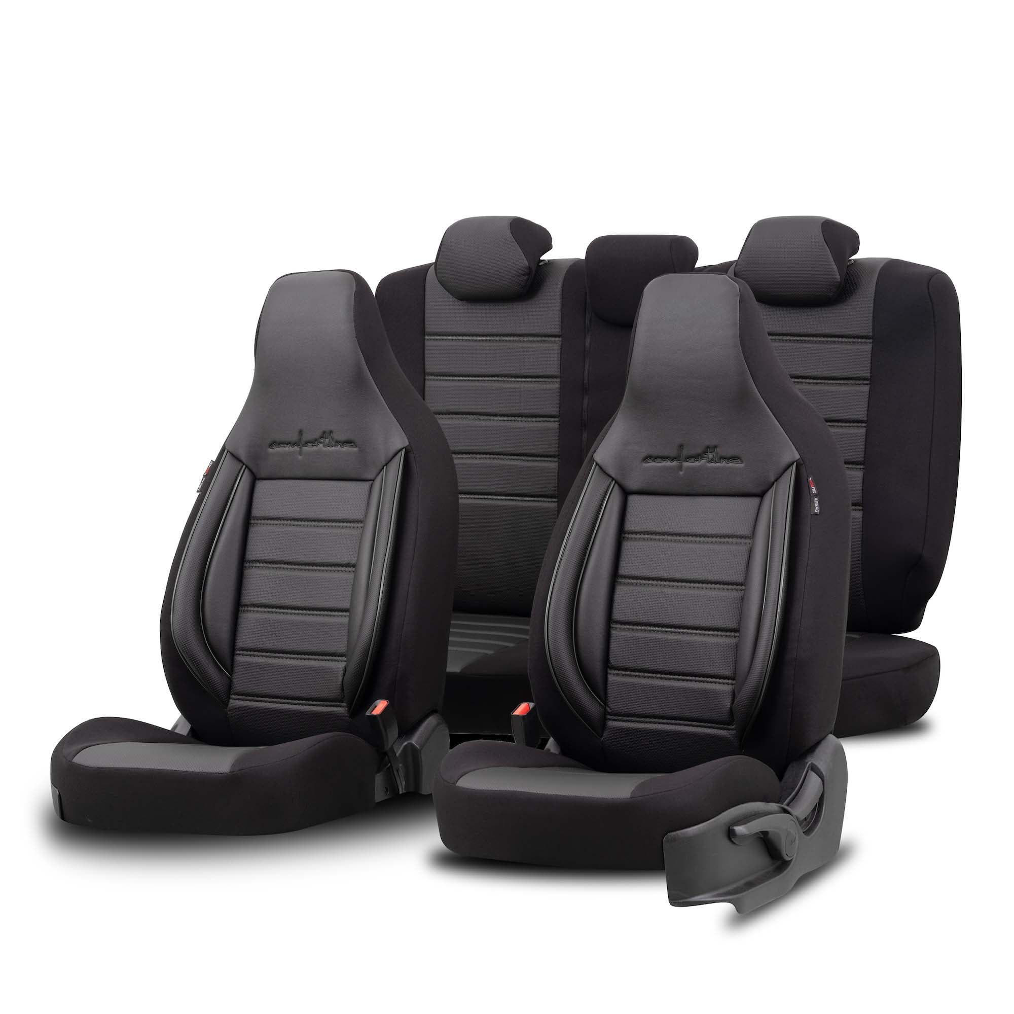 Stoelhoezen Comfortline City  - luxe kunstleer - kleur zwart (complete set, past in auto's met vaste of geintegreerde hoofdsteun)