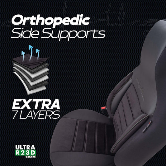 Stoelhoezen Comfortline City  - luxe kunstleer met suede - kleur zwart (complete set, past in auto's met vaste of geintegreerde hoofdsteun)