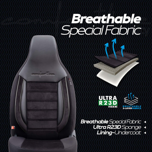 Stoelhoezen Comfortline City  - luxe kunstleer met suede - kleur zwart (complete set, past in auto's met vaste of geintegreerde hoofdsteun)