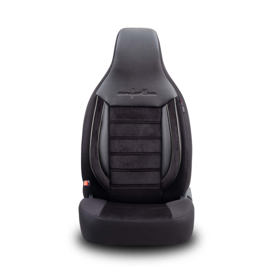 Stoelhoezen Comfortline City  - luxe kunstleer met suede - kleur zwart (complete set, past in auto's met vaste of geintegreerde hoofdsteun)