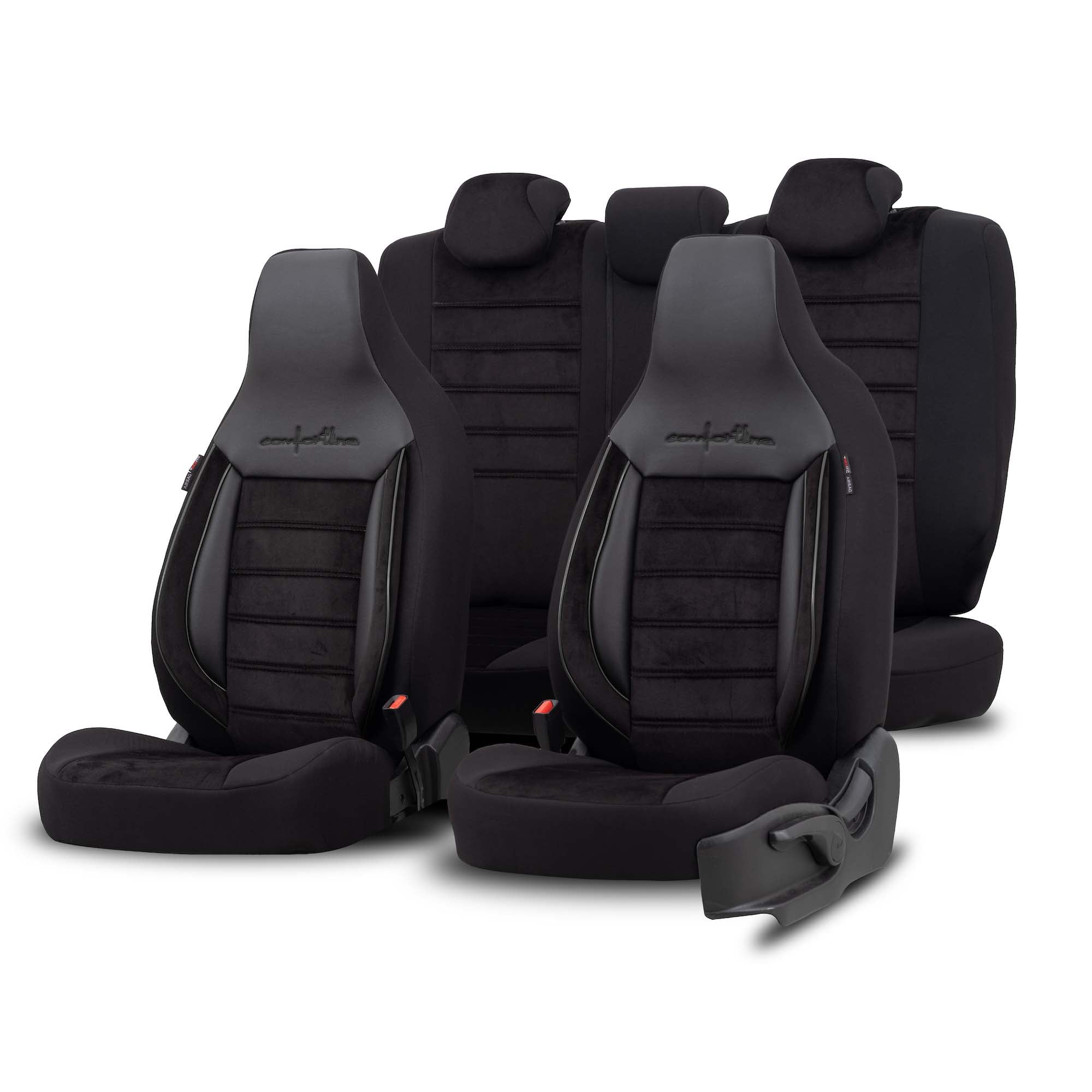 Stoelhoezen Comfortline City  - luxe kunstleer met suede - kleur zwart (complete set, past in auto's met vaste of geintegreerde hoofdsteun)