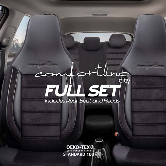 Stoelhoezen Comfortline City  - luxe kunstleer met suede - kleur zwart (complete set, past in auto's met vaste of geintegreerde hoofdsteun)