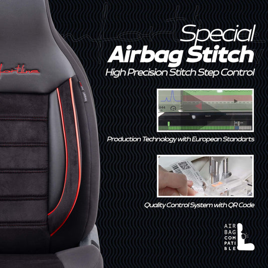 Stoelhoezen Comfortline City  - luxe kunstleer met suede - kleur zwart/rood (complete set, past in auto's met vaste of geintegreerde hoofdsteun)