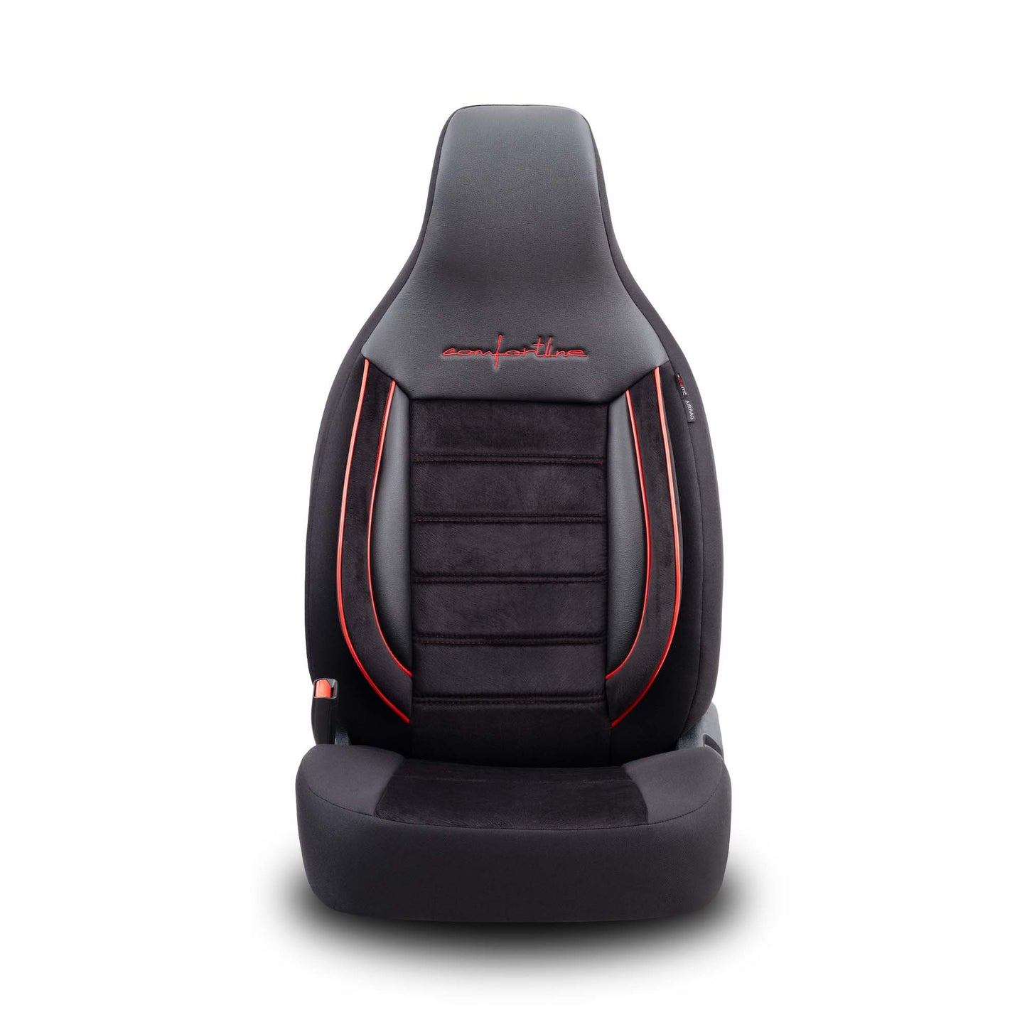 Stoelhoezen Comfortline City  - luxe kunstleer met suede - kleur zwart/rood (complete set, past in auto's met vaste of geintegreerde hoofdsteun)