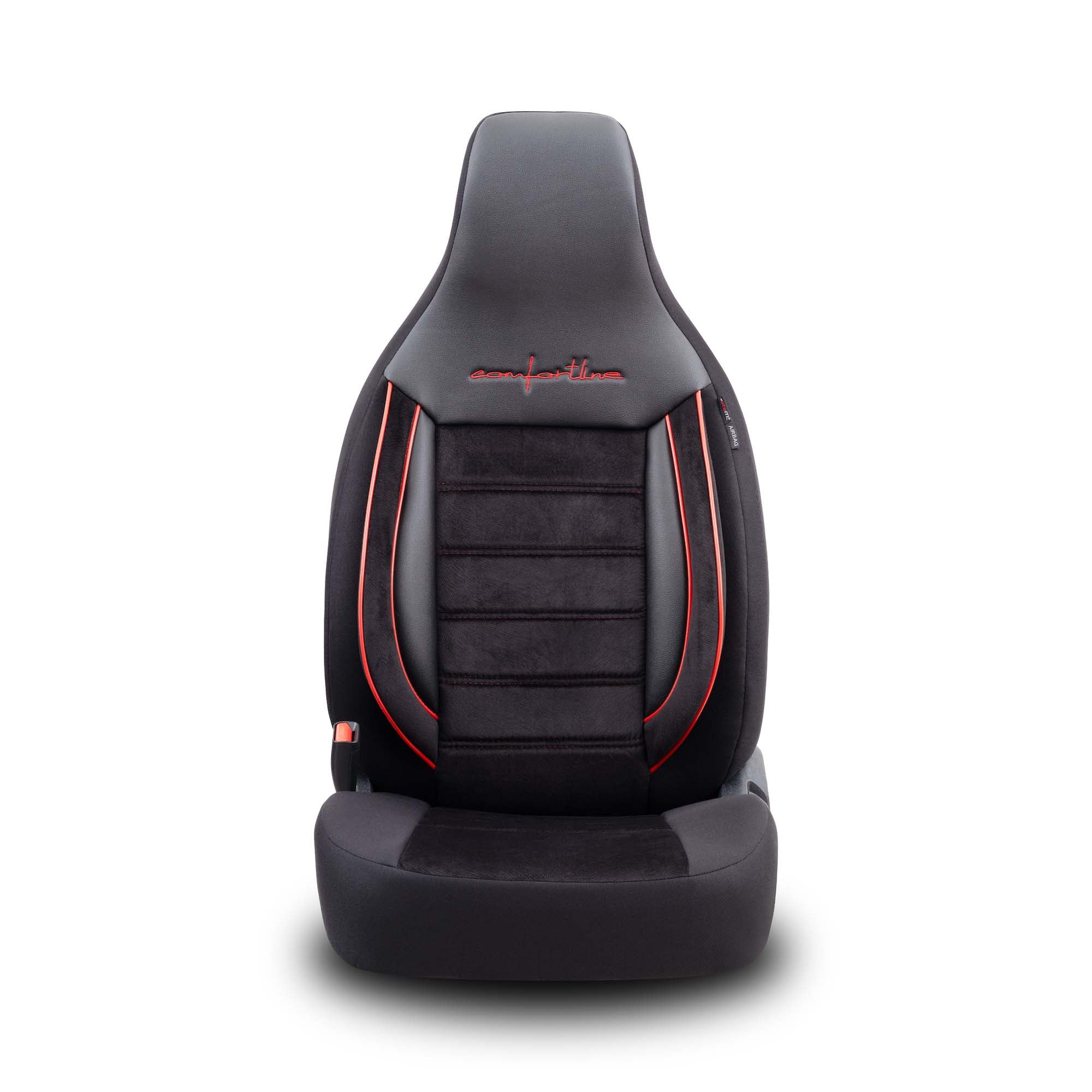 Stoelhoezen Comfortline City  - luxe kunstleer met suede - kleur zwart/rood (complete set, past in auto's met vaste of geintegreerde hoofdsteun)