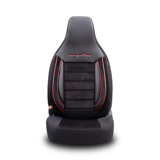 Stoelhoezen Comfortline City  - luxe kunstleer met suede - kleur zwart/rood (complete set, past in auto's met vaste of geintegreerde hoofdsteun)