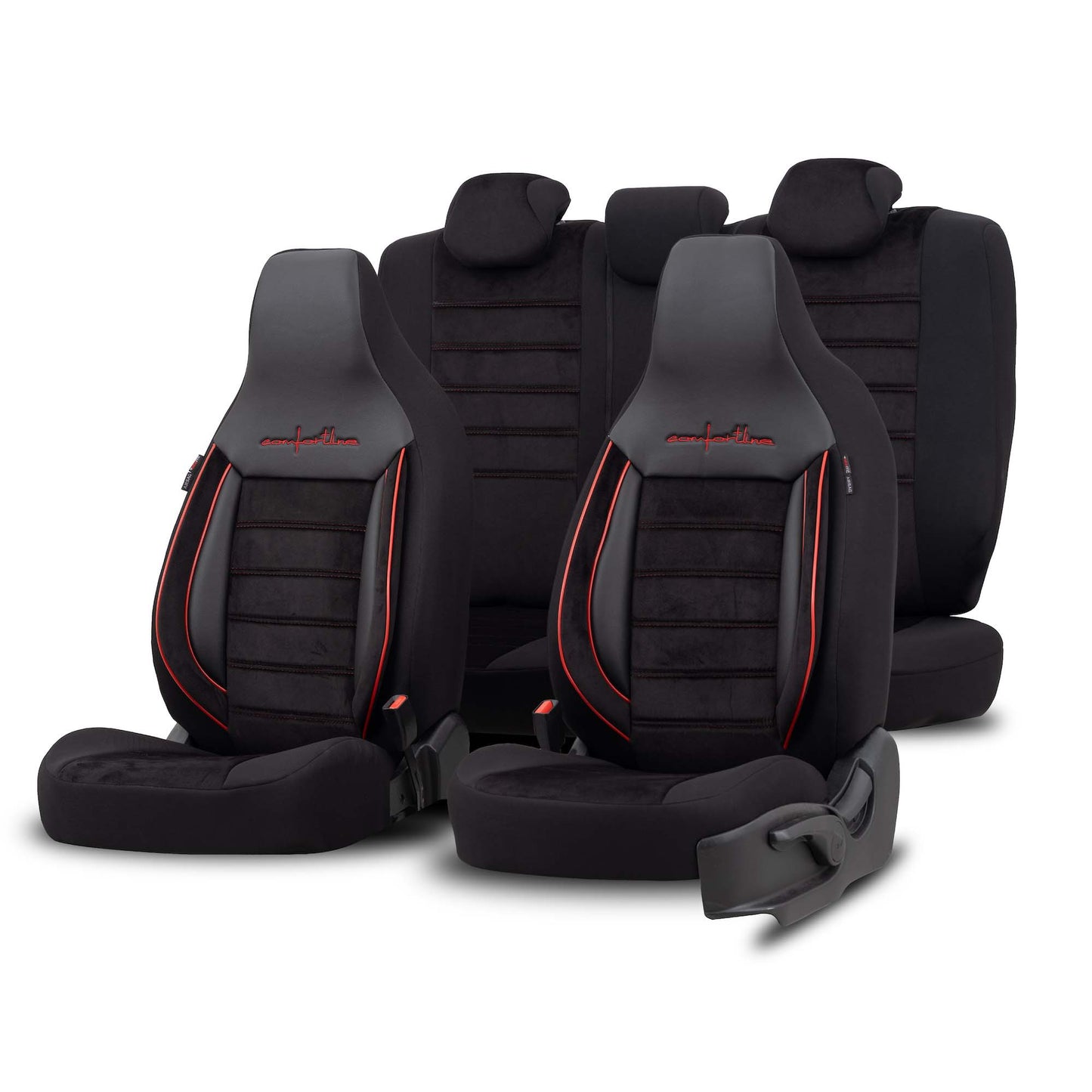 Stoelhoezen Comfortline City  - luxe kunstleer met suede - kleur zwart/rood (complete set, past in auto's met vaste of geintegreerde hoofdsteun)