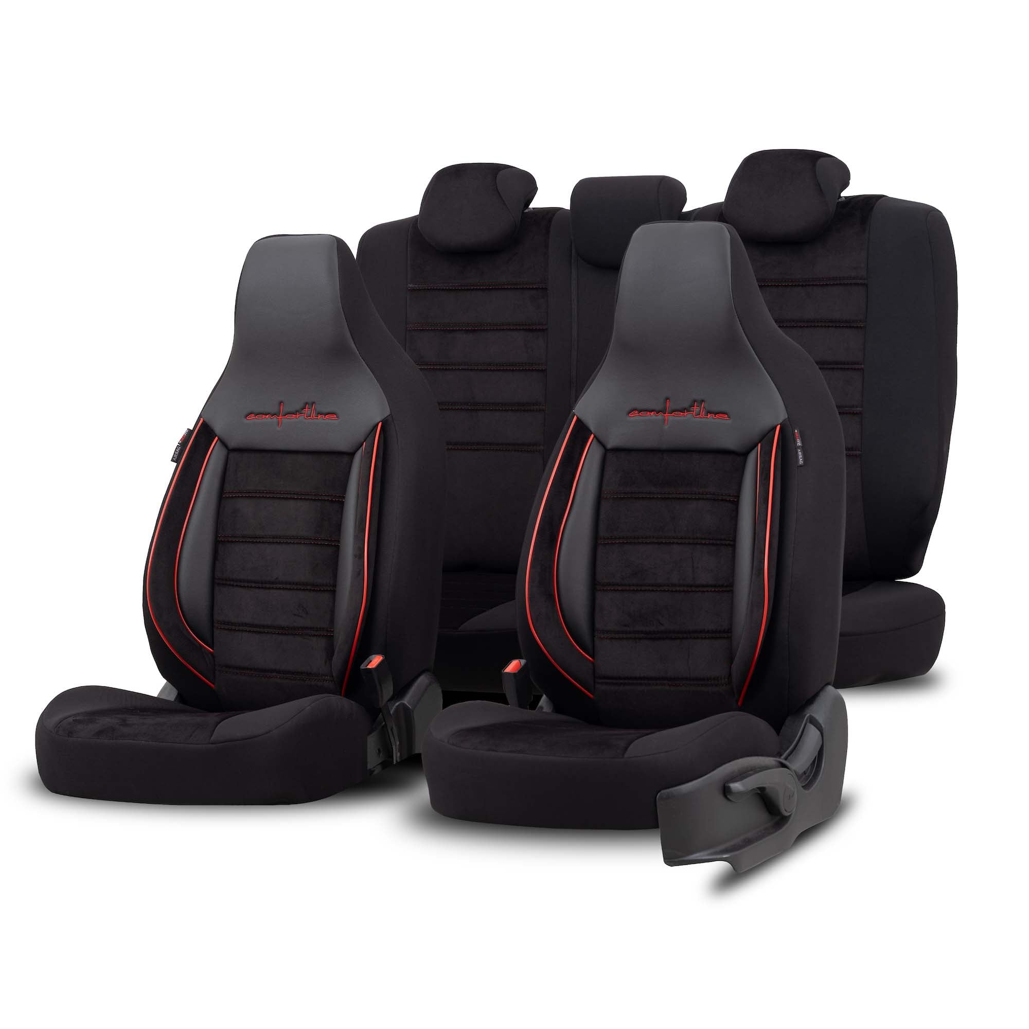 Stoelhoezen Comfortline City  - luxe kunstleer met suede - kleur zwart/rood (complete set, past in auto's met vaste of geintegreerde hoofdsteun)