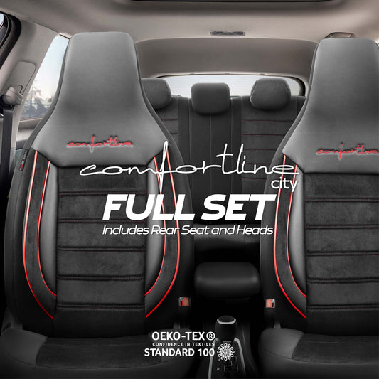 Stoelhoezen Comfortline City  - luxe kunstleer met suede - kleur zwart/rood (complete set, past in auto's met vaste of geintegreerde hoofdsteun)