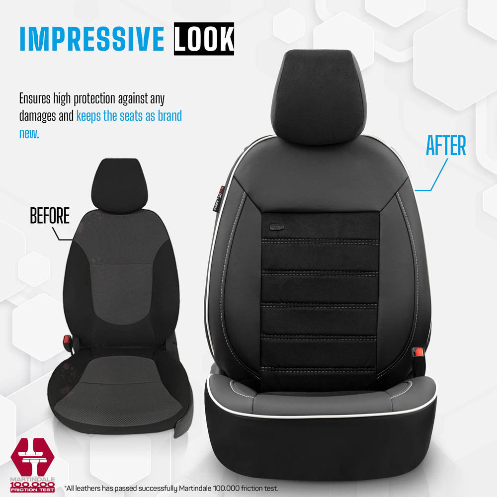 Autostoelhoezenset Premium kunstleer met suede zwart-wit (complete set)