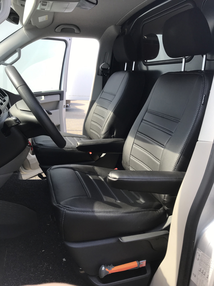 Pasvorm stoelhoezen set (stoel en stoel) Volkswagen Transporter T6 2015 t/m heden - leer zwart, Pasvorm - Autostoelhoezen. Kunstleer pasvorm set (bestuurder en passagier). voor Volkswagen Transporter T6 2015